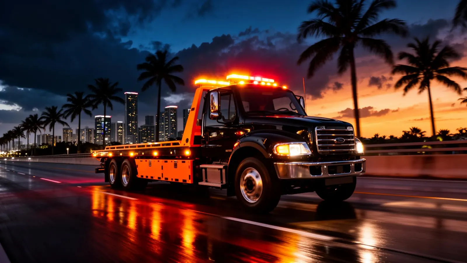24 hour tow truck Hialeah FL — flatbed truck on Palmetto Expressway